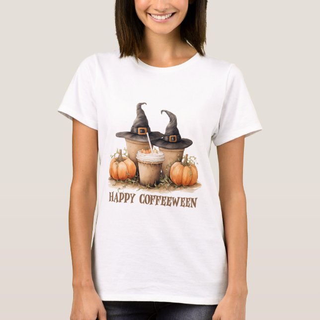 Camiseta Feliz Café entre Bruxas do Halloween (Frente)