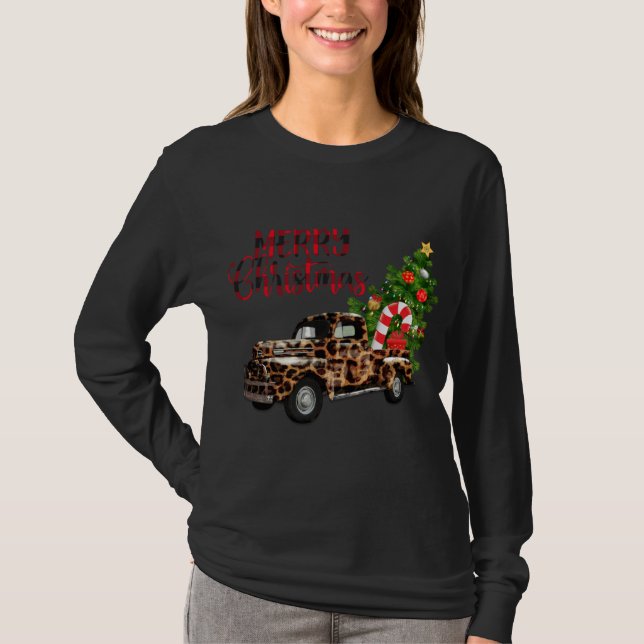 Camiseta Feliz Caminhão Leopardo de Natal com Árvore (Frente)