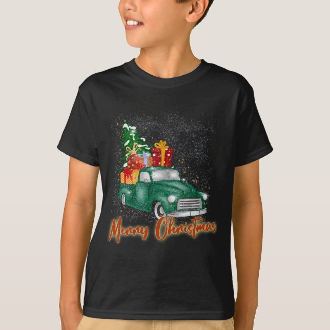 Camiseta Feliz Caminhão Vermelho de Natal com Presentes de  (Frente)