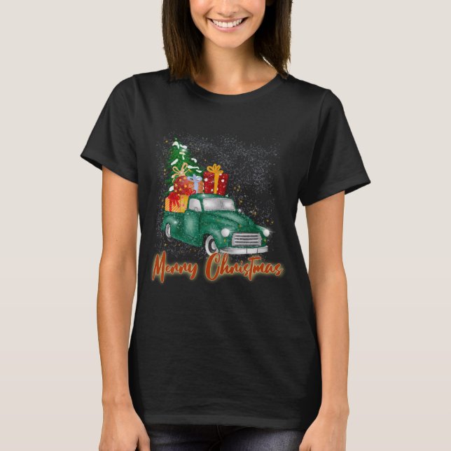 Camiseta Feliz Caminhão Vermelho de Natal com Presentes de  (Frente)