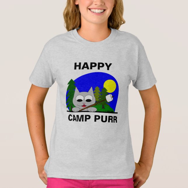 Camiseta Feliz Camp Purny Engraçado Campanha Cartoon Cat T  (Frente)