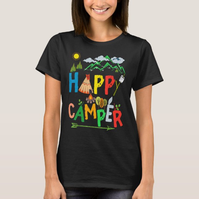 Camiseta Feliz Camping Men Mulheres Crianças 21 (Frente)