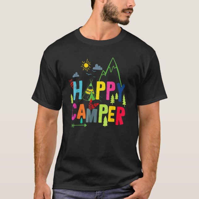Camiseta Feliz Campo Acampando Montanhas de Vida Homens Mul (Frente)