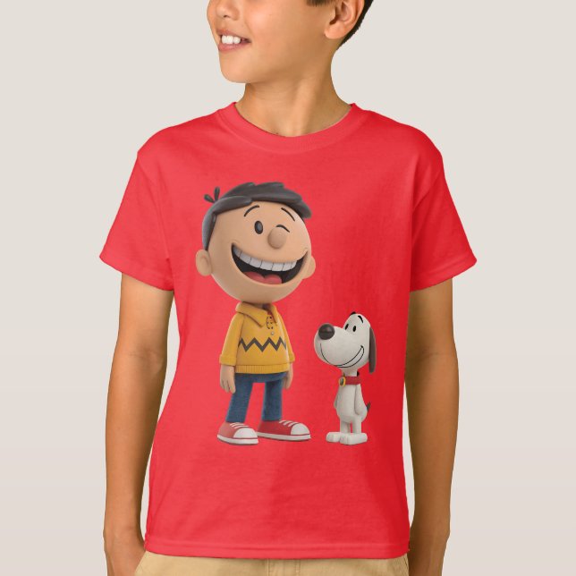 Camiseta Feliz Cartoon Boy e Dog Duo - Estilo 3D bonito (Frente)