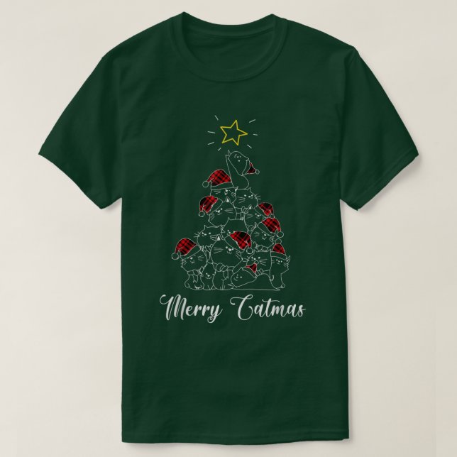 Camiseta Feliz Catma Engraçado Gatos Árvores de Natal Luzes (Frente do Design)