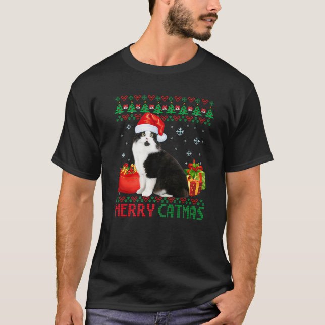 Camiseta Feliz Catma Gato de Natal Feio Cymric Mãe Pai (Frente)