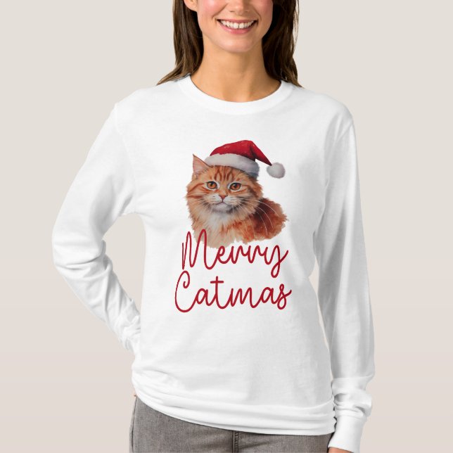 Camiseta Feliz Catmas Bonito Natal Gato Mulher-Gato Longa (Frente)
