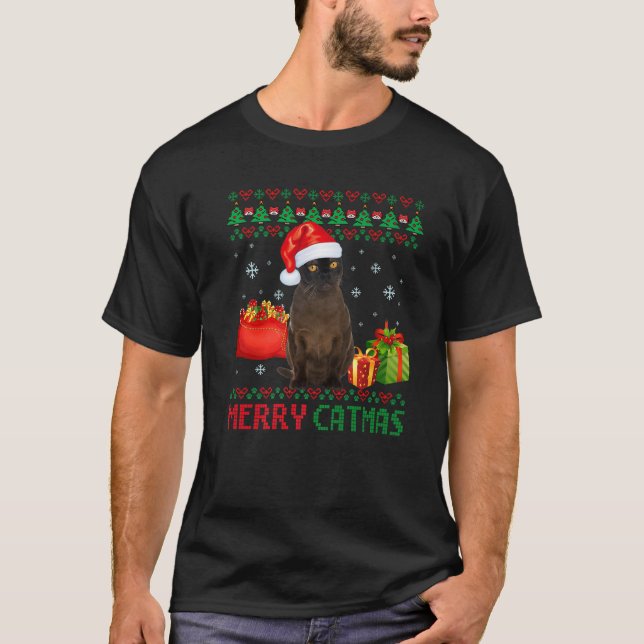 Camiseta Feliz Catmas Gato de Natal Feio Bombaim Pai Mãe (Frente)