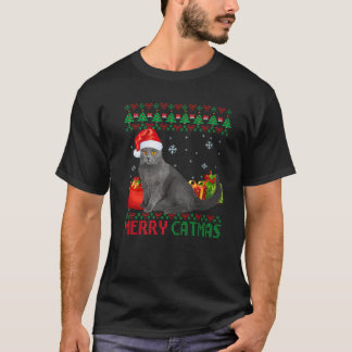 Camiseta Feliz Catmas Gato de Natal Feio Chartreux Pai Mãe