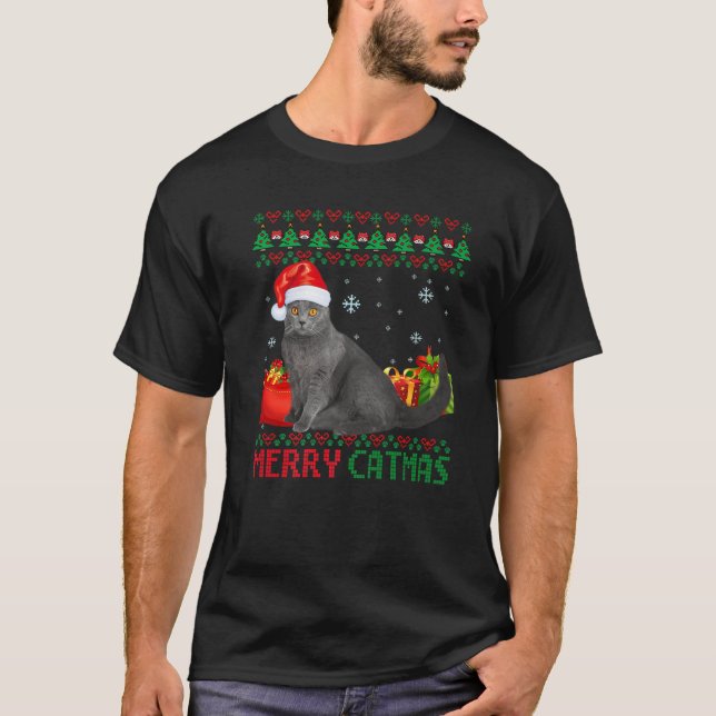 Camiseta Feliz Catmas Gato de Natal Feio Chartreux Pai Mãe (Frente)