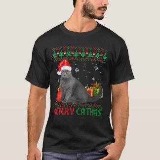 Camiseta Feliz Catmas Gato de Natal Feio Chartreux Pai Mãe