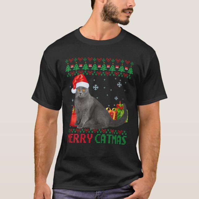 Camiseta Feliz Catmas Gato de Natal Feio Chartreux Pai Mãe (Frente)