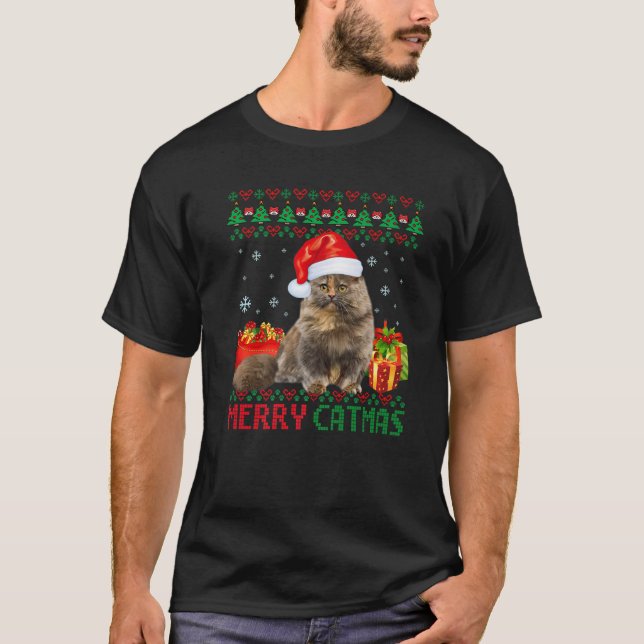 Camiseta Feliz Catmas Gato de Natal Feio Gato de Munchkin C (Frente)