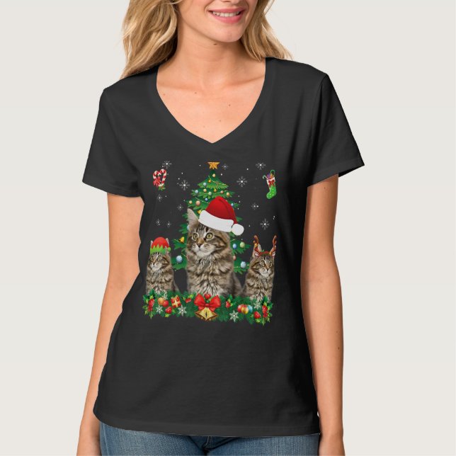Camiseta Feliz Catmas Maine Coon Papais noeis Elf Reindeer  (Frente)