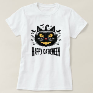 Camiseta Feliz Catoween Gato Preto Abóbora Rosto Halloween