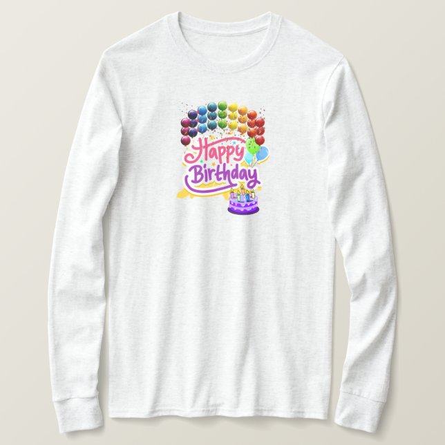 Camiseta Feliz Celebração de Aniversário Senhoras de Longa  (Frente do Design)