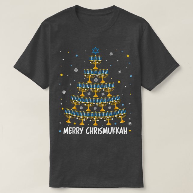 Camiseta Feliz Chrismukkah Menorah Árvore de Natal Hanukkah (Frente do Design)