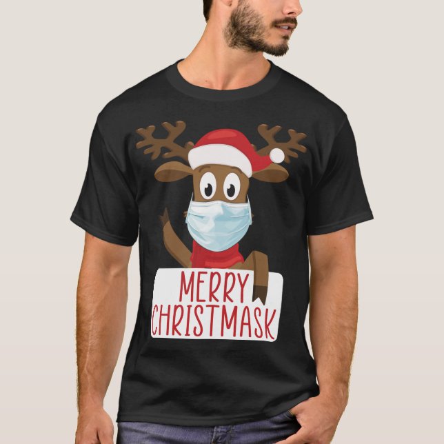 Camiseta Feliz Christmask Reindeer Face Mask Engraçado Chri (Frente)