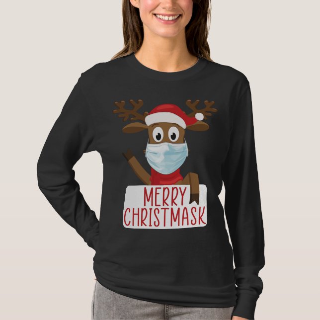 Camiseta Feliz Christmask Reindeer Face Mask Engraçado Chri (Frente)