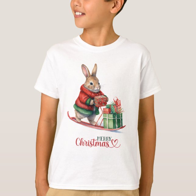 Camiseta Feliz Coelho de Natal Presente em uma Luz (Frente)