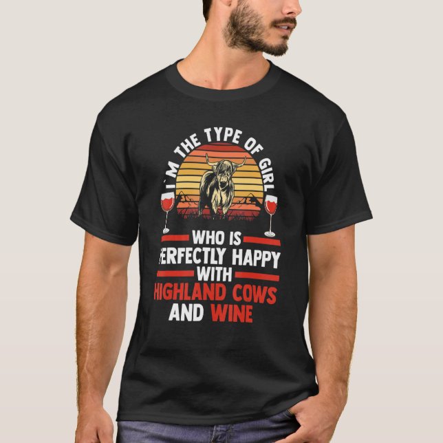 Camiseta Feliz Com Vinho E Vacas Da Terras Altas (Frente)