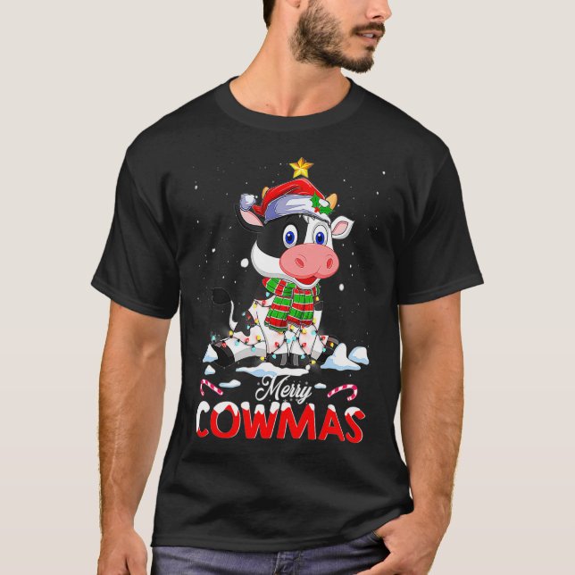 Camiseta Feliz Cowmas Engraçado Cow Santa Hat Natal PJs Xma (Frente)