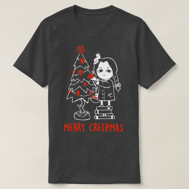 Camiseta Feliz Creepmas Dark, Gótico Engraçado Menina no Ha (Frente do Design)