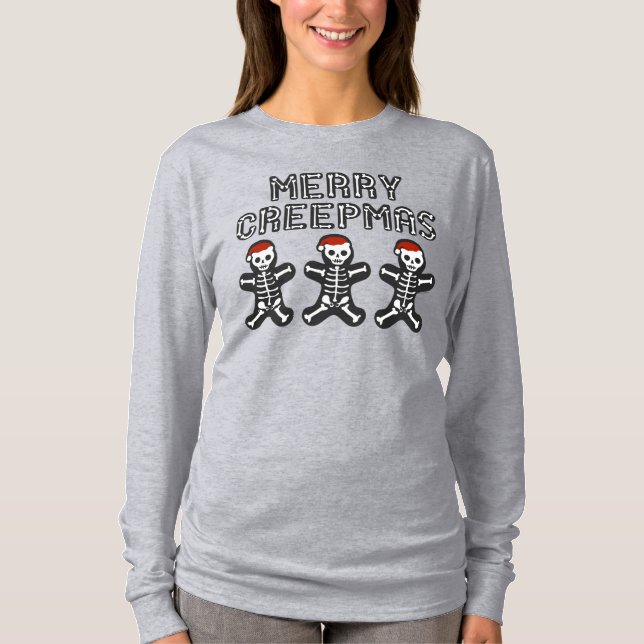 Camiseta Feliz Creepmas Esqueletos Homens de Pão de Gengibr (Frente)