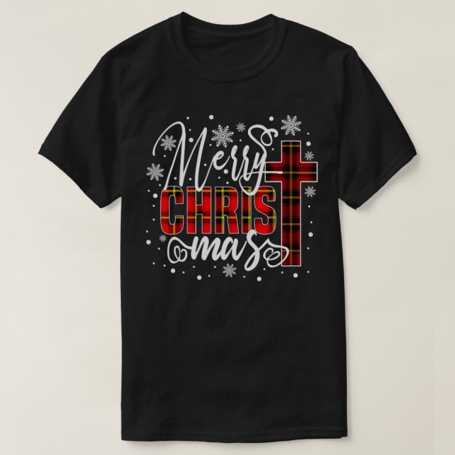 Camiseta Feliz Cristo de Natal Cross Buffalo Xadrez Vermelh (Frente do Design)