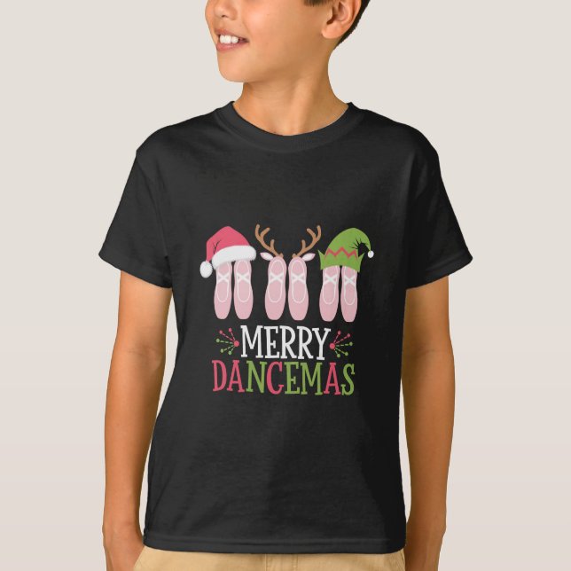 Camiseta Feliz Dancemas Calçados de Balé de Natal Dançando (Frente)