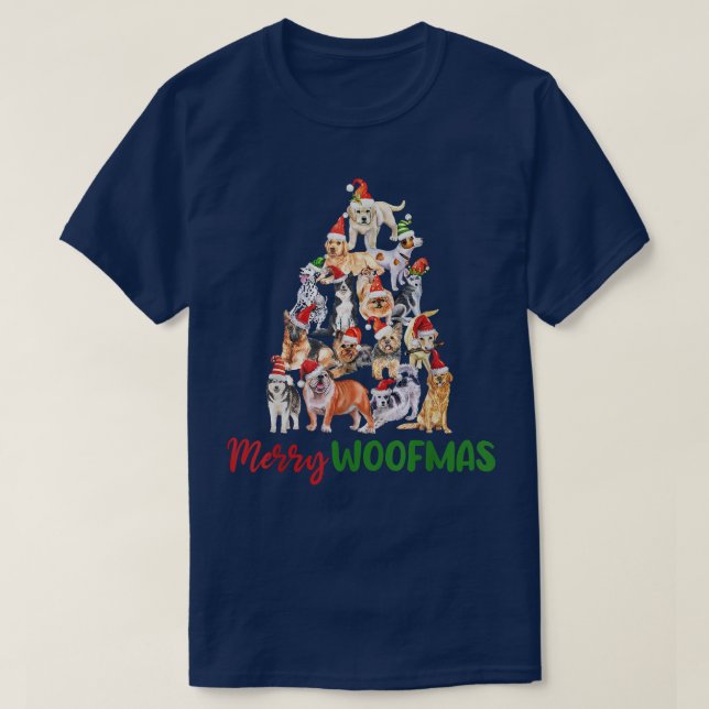 Camiseta Feliz de árvore de Natal Woofmas Bons Xmas Engraça (Frente do Design)