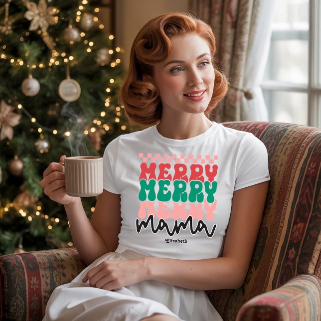 Camiseta Feliz de Feriado Personalizado Mama Xmas (Personalized Retro Holiday Merry Merry Mama Xmas T-Shirt)