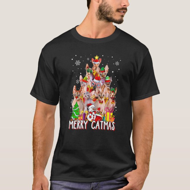 Camiseta Feliz de Gato de Esfinge Bonito Catmas Árvore de N (Frente)