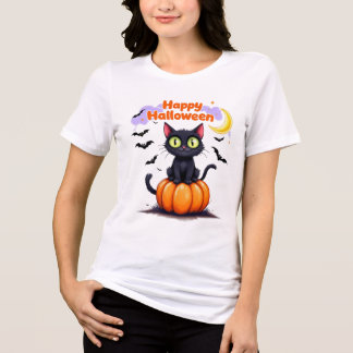 Camiseta Feliz de Halloween de Gato Negro Bonito
