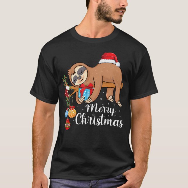Camiseta Feliz de Lóthmas Fofo Xmas Sloth Santa Hat Natal (Frente)