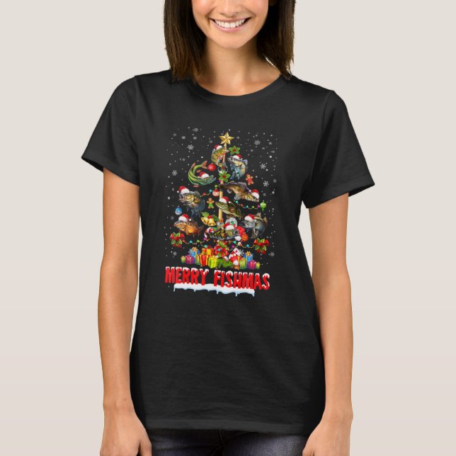 Camiseta Feliz de Natal Árvore de Natal Engraçado Pesca Fi (Frente)
