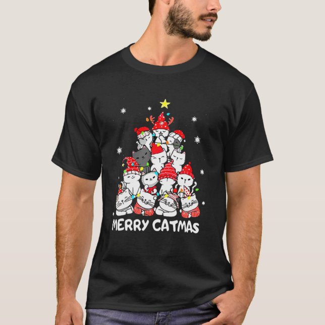 Camiseta Feliz de Natal Árvore de Natal Engraçado Xmas Cat  (Frente)