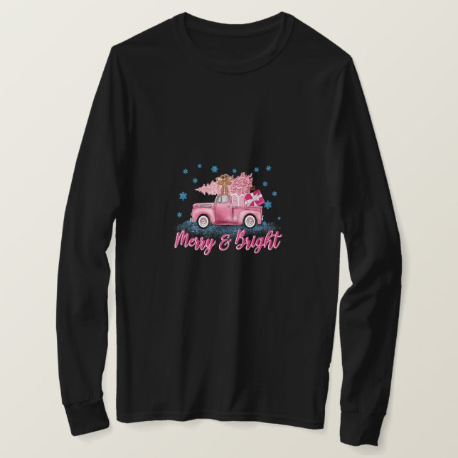 Camiseta Feliz De Natal De Árvore Rosa E Caminhão Rosa Bril (Frente do Design)
