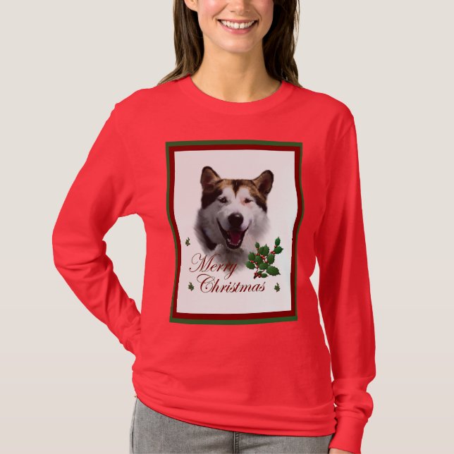 Camiseta Feliz de Natal do Alaskan Malamute (Frente)