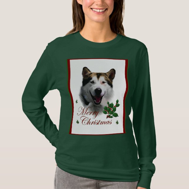 Camiseta Feliz de Natal do Alaskan Malamute (Frente)