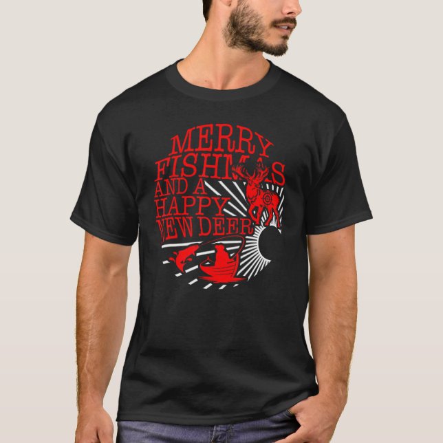 Camiseta Feliz de Natal Fishmas Happy New Deer Pescador H (Frente)