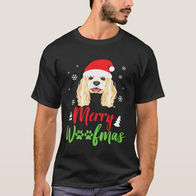 Camiseta Feliz de Spaniel de Cães de Natal Woofmas (Frente)