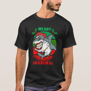 Camiseta Feliz de tubarão de Santa Hat Sharkmas Ondas Verm
