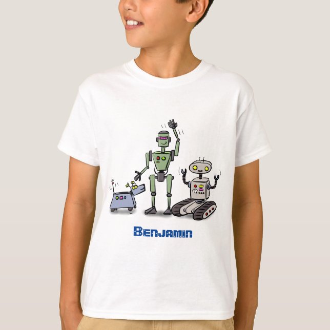 Camiseta Feliz desenho animado de robôs fofos (Frente)