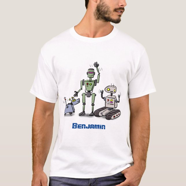Camiseta Feliz desenho animado de robôs fofos (Frente)