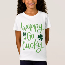 Camiseta Feliz Desenho de Texto Verde com Trevos de Quatro 