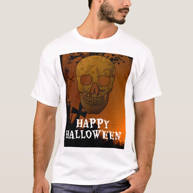 Camiseta Feliz Design de decoração do crânio de Halloween (Frente)