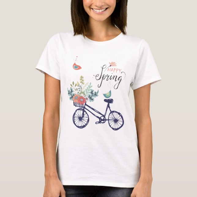 Camiseta Feliz design de primavera: bicicleta, flores e ave (Frente)