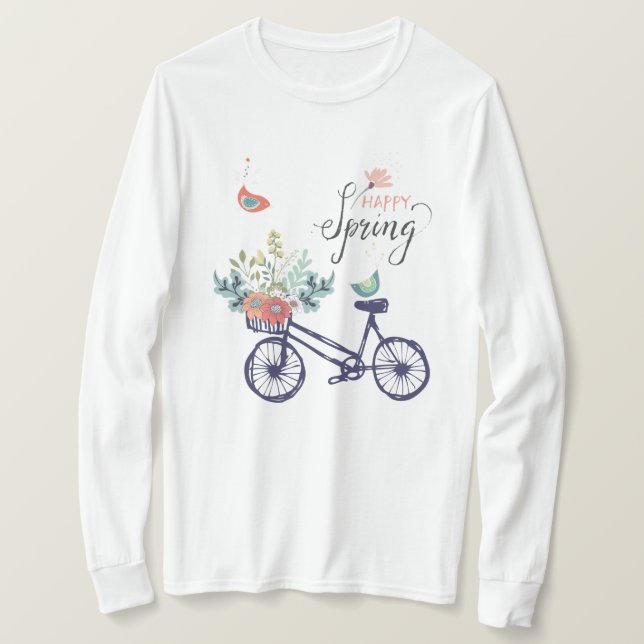 Camiseta Feliz design de primavera: bicicleta, flores e ave (Frente do Design)