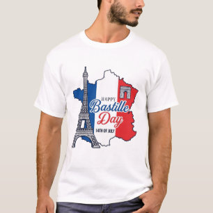 Camiseta Feliz Dia da Bastilha França Mapa Torre Eiffel Vec